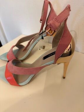 Zara Pink & Coral Open-Toe Ankle-Strap Heels with Gold Accent